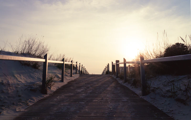 Holzsteg zum Strand im Abendlicht